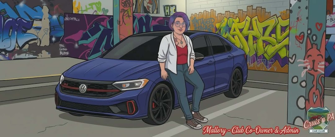 Mallory with a blue Volkswagen, Cruis'n PA co-owner and admin